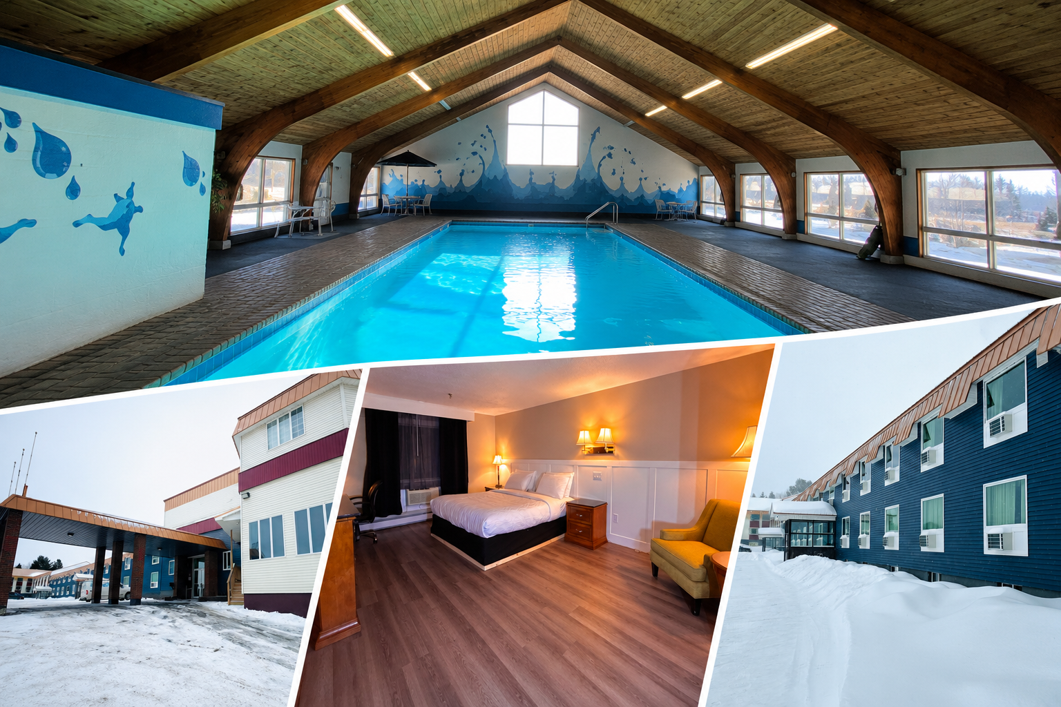 Presque Isle Hotel indoor pool, renovated guest room, and exterior — the complete summer getaway destination