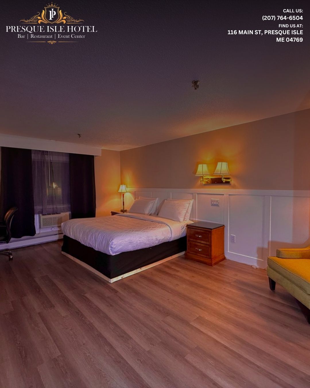 Cozy king room with warm lighting