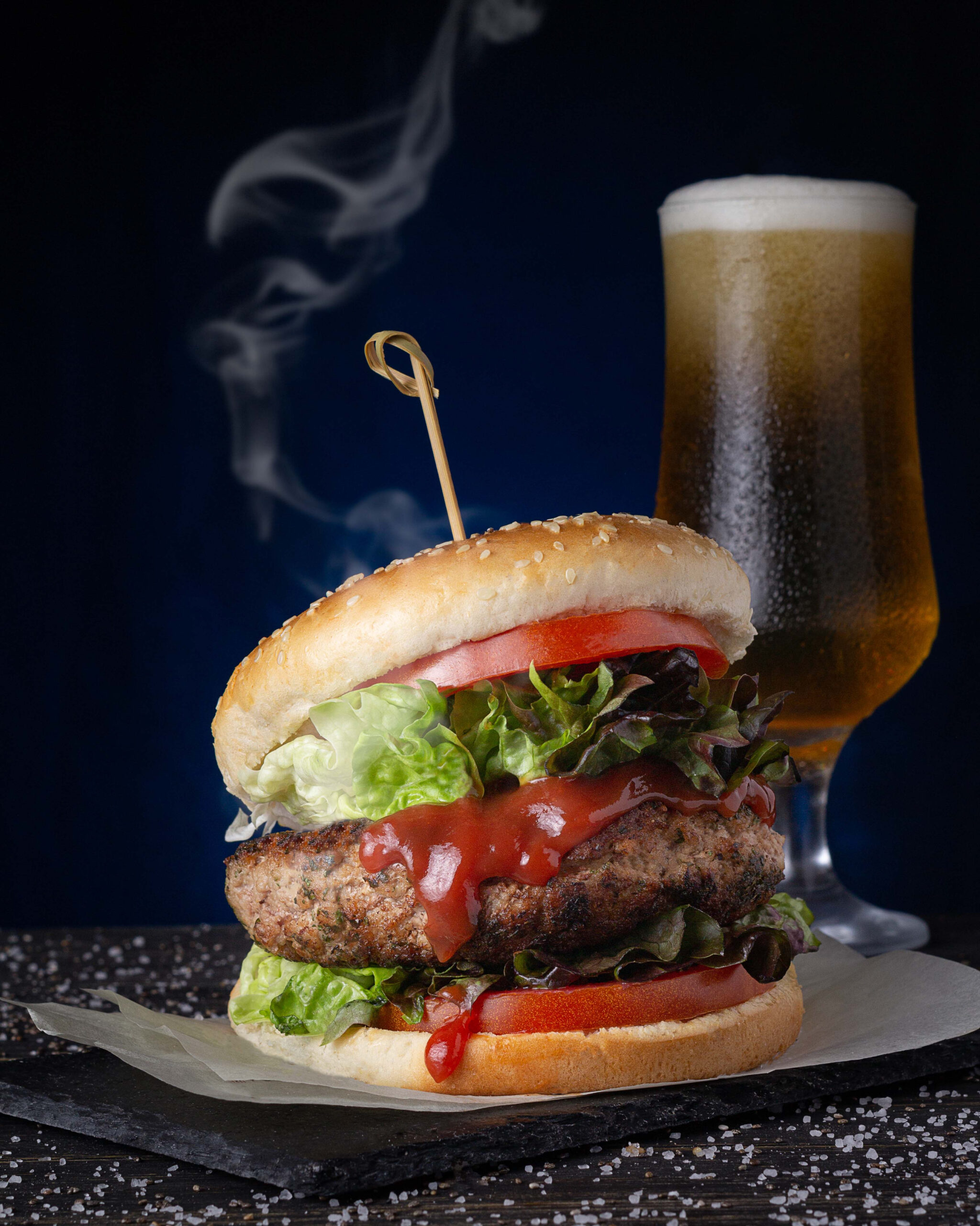 Juicy burger and cold craft beer at TimeOut Sports Bar