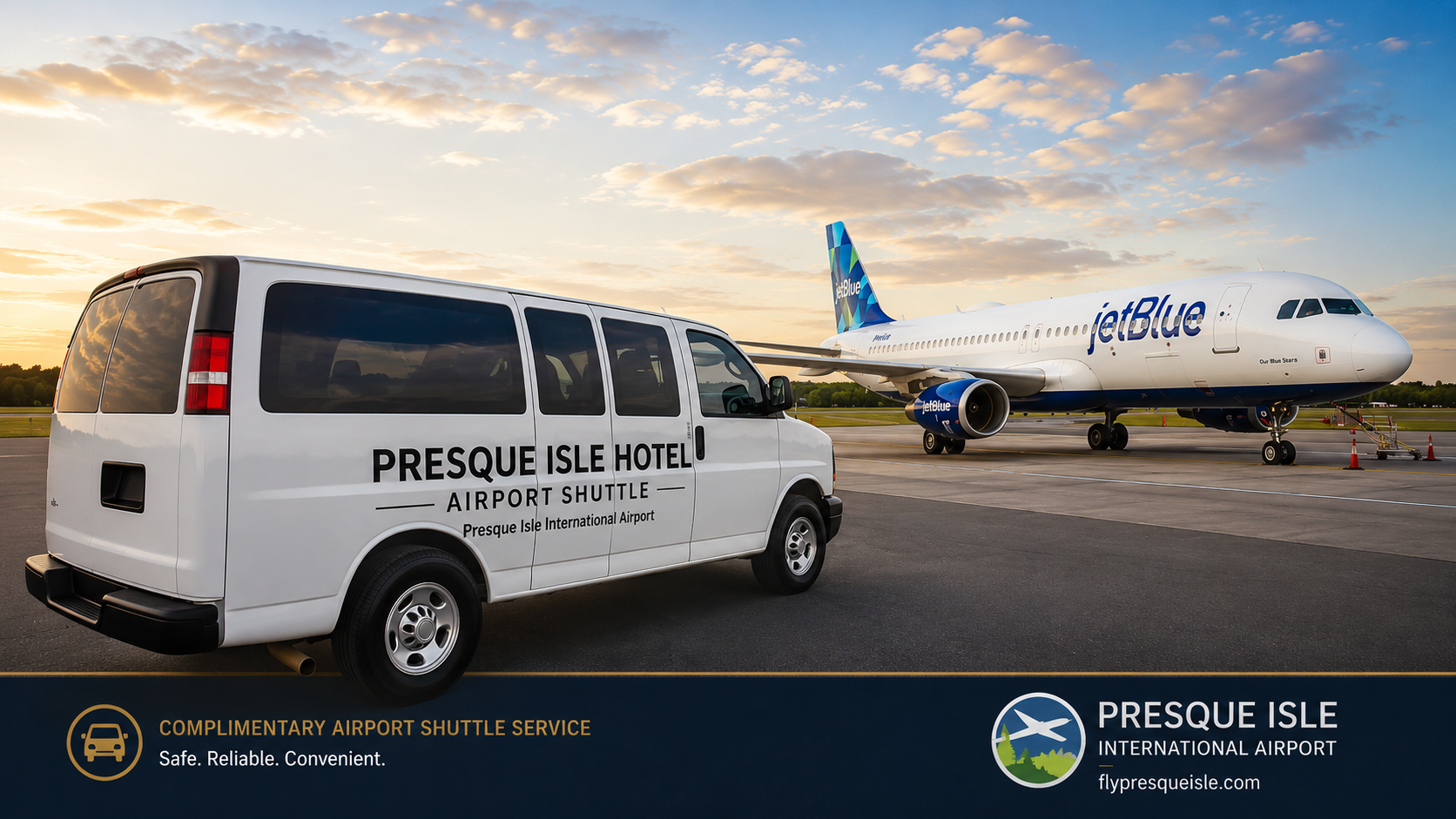 Presque Isle Hotel airport shuttle van alongside a JetBlue aircraft at PQI